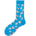 Blue cotton crew socks with vibrant pink and yellow banana patterns in a flat lay view - 38-46 / Blue Base Banana Pattern (1075C)