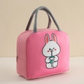 Pink cartoon lunch bag with white rabbit print and grey woven handles for school - Pink Ears Rabbit (Insulated) / Single Piece