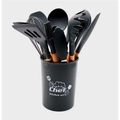 Juego de 12 utensilios de cocina de silicona negra con mangos de madera y soporte - Tipo estándar / Negro