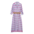 Robe chemise à col en V pour femme avec imprimé géométrique, ceinture et manches - XS / Imprimé géométrique bleu