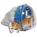 Blue expandable pet backpack with transparent window and breathable mesh for cats - Blue with White Extension