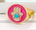 Vintage verstellbarer Ring Gold mit rosa Emaille und Kristall Hand der Fatima - Einstellbar Offen / Rot