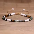 Tiger eye and turquoise beaded bracelet with adjustable khaki woven cord - 99 White Pine Blossom Color