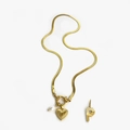 Golden snake chain necklace with heart pendant, freshwater pearl and letter P charm - Gold - Letter P