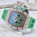 Luxury silver barrel watch with green rubber strap and diamond-encrusted bezel - Green Dial Silver Case Green Strap