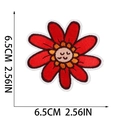Detail view of red flower embroidery patch with smiley face, sized 6.5cm or 2.56in - Red Smiling Daisy Style (W18MF-11-05)