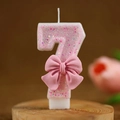 Pink bow number 7 birthday candle with sparkling glitter for party cake decoration - Number 7
