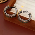 Detail view of vintage multi-row hoop earrings with colorful zircon stones in a velvet box - Wide Hoop Earrings With 925 Silver Needle / Multi-color Gemstones (Yellow/Pink/Green)