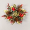 Portavelas corona de Navidad con piñas de pino, bayas rojas y hojas doradas - Candelabro de hojas doradas (Sin luz)