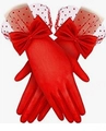 Elegantes guantes de satén rojo con lazo y puños de malla de lunares blancos para mujer - Talla única / Rojo