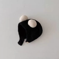Kids warm knit hat in black with white faux fur double pom poms and ear flaps - Earflap Hat / Plush Ball [Black]