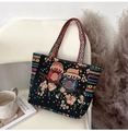 Ethnic black canvas tote bag featuring embroidered owls and colorful geometric straps - Vintage Blue Yellow Double Owl