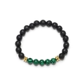 Beaded bracelet with black lava stones, green malachite beads and gold spacers on white - Green
