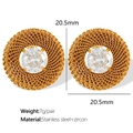 Golden vintage oval stud earrings with woven texture and clear zircon center stone - White Zirconia Style / Gold