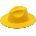 Detailed view of yellow wide brim wool felt jazz fedora hat with classic flat top crown - Plain Flat Brim Without Rope / Yellow