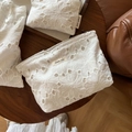 Detail of white cotton lace tote bag with floral embroidery and simple wish label - Makeup Bag