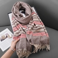 Striped knit scarf with herringbone pattern in brown, beige and coral red with tassels - 70*180cm / Coffee