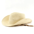 Beige woven straw cowboy hat with curved brim and adjustable brown chin strap - M(56-58cm) / Beige