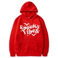 Red Spooky Vibes Halloween hoodie with bat and star prints and front pocket - Red