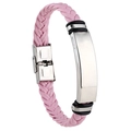 Pink braided leather bracelet featuring a silver stainless steel ID tag and metal clasp - Pink