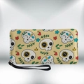 Lange Reißverschlusstasche mit bunten Totenkopf- und Blumenmustern auf khakifarbenem PU - Khaki Bunter Schädel Floral (QB-031)