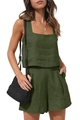 Women's two-piece linen set with square neck sleeveless top and shorts in olive green - S / Army Green