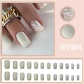 Uñas postizas blanco crema con purpurina plateada brillante en forma corta cuadrada - Estilo Blanco Crema Brillo Plateado (W1004) / Tipo de Pegamento