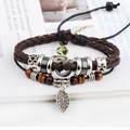Vintage multi-layer braided leather bracelet with wood beads and silver leaf charm - Dark Brown