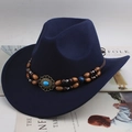 Dark blue fedora cowboy hat with bohemian beaded band and turquoise gemstone accent - Double Row Beads / Navy Blue