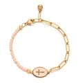 Pulsera asimétrica dorada de cadena de clip y cuentas rosas con dije de cruz - Rosa