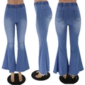 Damen Jeans mit hoher Taille, Schlaghose in Hellblau mit Rissen am Knie und Fransen - S / Hellblau