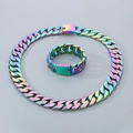 Regenbogenfarbenes Edelstahl-Set aus kubanischer Halskette und Armband für Herren - Armband 23cm / Regenbogenfarben