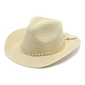Elegant beige French straw hat with pearl chain and silk tassels for sun protection - M (56-58cm) / Beige