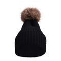 Dettaglio del berretto in maglia nera con un soffice pompon in finta pelliccia marrone - Bambini / Nero