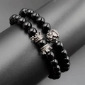 Bracciale a doppio strato in ossidiana nera con ciondoli corona e testa di leone - Set Testa di Leone