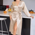 Long champagne ice silk robe with sleek satin finish and matching waist belt - S / Champagne Gold