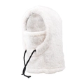 Close-up of white plush balaclava hood with soft faux fur texture and black drawstrings - White