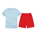 Kids sports set featuring light blue short sleeve T-shirt and red shorts for outdoor wear - Top And Bottom / Light Blue/Red / 100cm