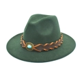 Detail of dark green wool fedora with brown braided leather band and turquoise buckle - M (56-58cm) / Dark Green