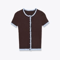 Cardigan da donna in maglia marrone slim fit con bordi blu a contrasto e bottoni bianchi - S / Contrasto Marrone/Blu