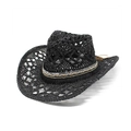 Detail of black hollow weave sun hat with Bohemian colored band and fringe decoration - M(56-58cm) / Black