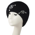Women's black knit beanie with rhinestones leaf decoration for winter warmth - Black