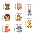 Forest animal party decorations showing 8 cute forest creatures with size measurements - Fox Hedgehog Hanging Swirls