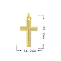 Detailed size view of gold cross pendant with cubic zirconia, 25.2mm by 14.2mm - Style 8