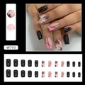 Glossy black and pink square press-on nails with daisy patterns and French style tips - Black Floral Style (W793) / 24 Pcs-Glue Type