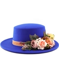 Elegant royal blue flat-top sun hat with colorful floral decoration for wedding parties - M (56-58cm) / Royal Blue