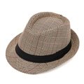 British style khaki plaid fedora hat with black grosgrain ribbon for men - M (56-58cm) / Khaki