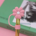 Pink daisy floral silicone straw cover cap for 10mm tumblers with secure attachment loop - Pink and White Flowers / 10mm