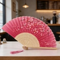 Pink Japanese style folding fan with cherry blossom pattern and wooden cutout ribs - Style 39 (New Style)