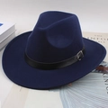 Navy blue wool fedora hat with black leather belt buckle on minimalist magazine background - Flat Brim With Regular Leather Belt / Navy Blue